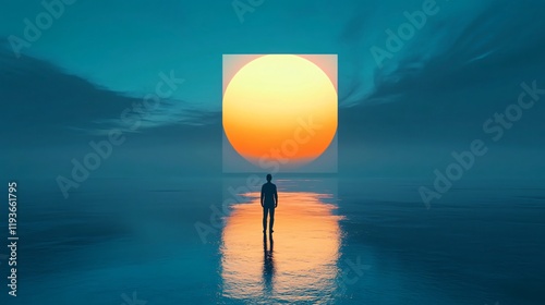 An individual stands on reflective ocean waters with a unique square sun casting a golden hue on the horizon, depicting imagination and mystery. photo