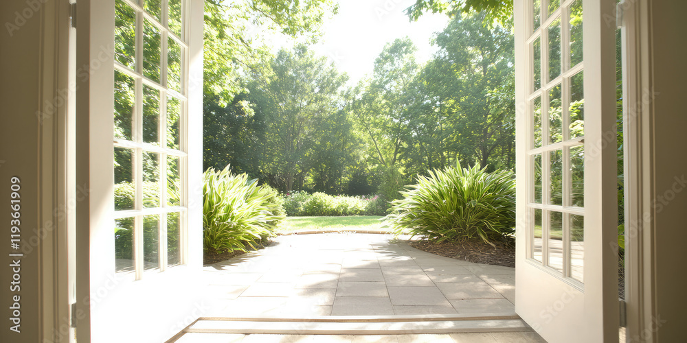 Naklejka premium View of back yard from inside house, open french style doors leading to a courtyard garden with plants. Gardening