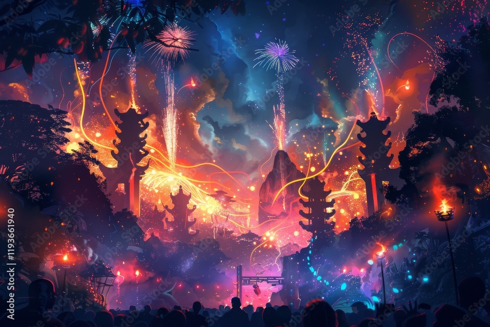 Naklejka premium Vibrant night festival with fireworks and lanterns in exotic landscape