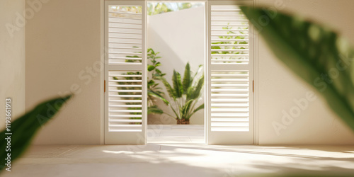 View of back yard from inside house, open french style doors leading to a courtyard garden with plants. Gardening 