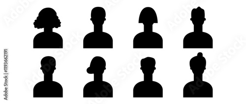 Vector flat illustration. Eight icons. Black silhouette of men and women. Avatar, user profile, person icon, profile picture. Suitable for social media profiles, icons, screensavers and as a template.