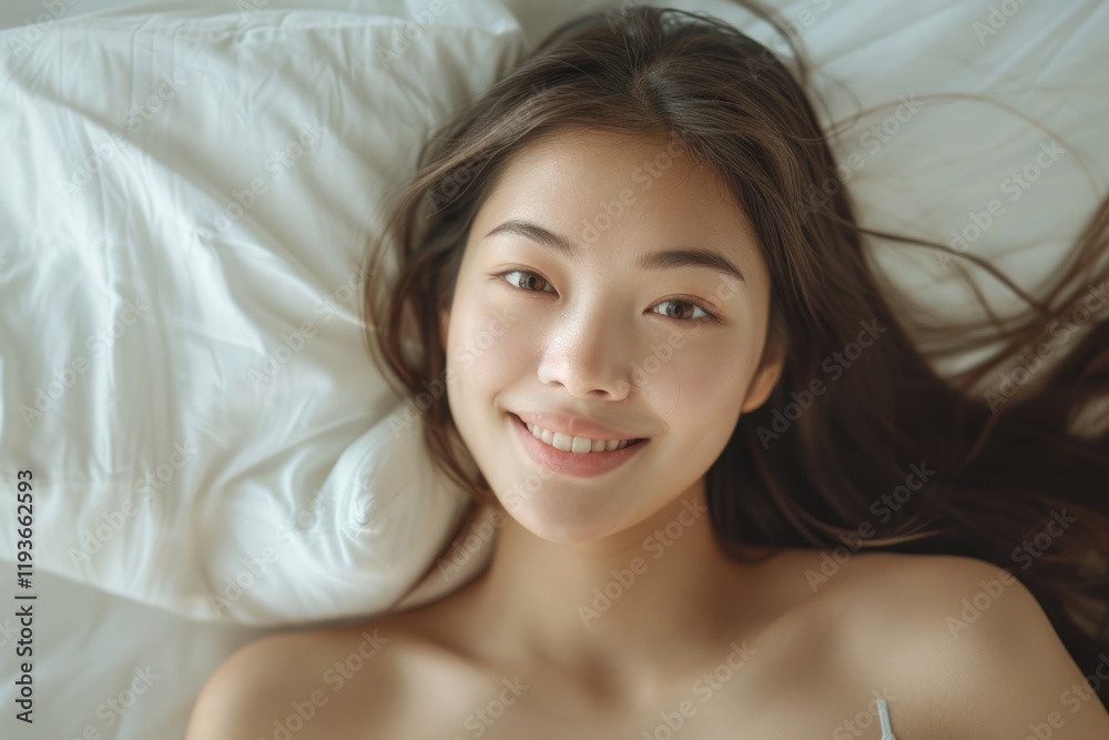 Asian woman with happy smile in cozy bedroom setting. Asian woman with happy smile in cozy bedroom setting.