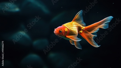 Stunning Underwater Shot of a Vibrant Goldfish Swimming Gracefully in a Dark Aquarium with Smooth Stones photo