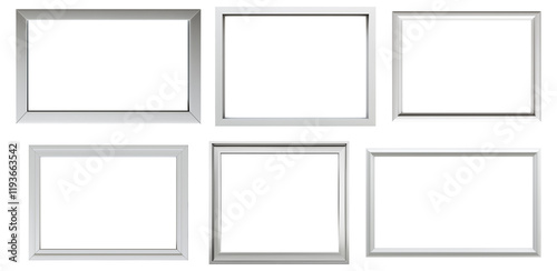 set of empty frames, silver gray modern wooden frames for wall pictures and paintings showcase presentation