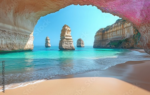 On a sweltering summer day, the world-renowned Twelve Apostles rock formation is silhouetted against white clouds, with a light sea breeze adding to the serene ambiance (Great Ocean Road, Victoria,
