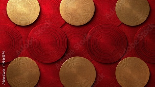 Abstract design featuring circular gold and red patterns on a textured background, ideal for decor