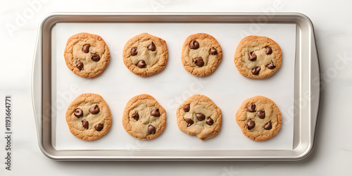 Golden brown chocolate chip cookies freshly baked on a baking sheet. Perfect for a sweet treat or snack.