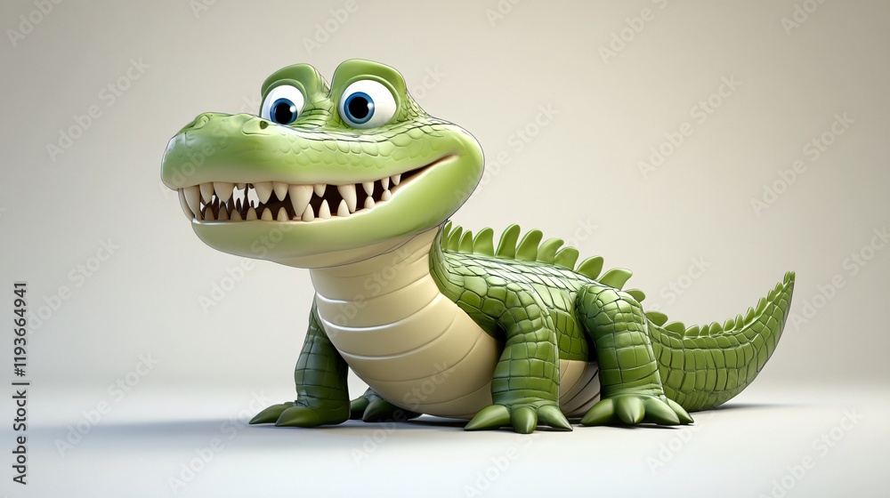 Fototapeta premium A friendly cartoon crocodile with bright blue eyes and a big smile, showcasing its playful and charming personality.