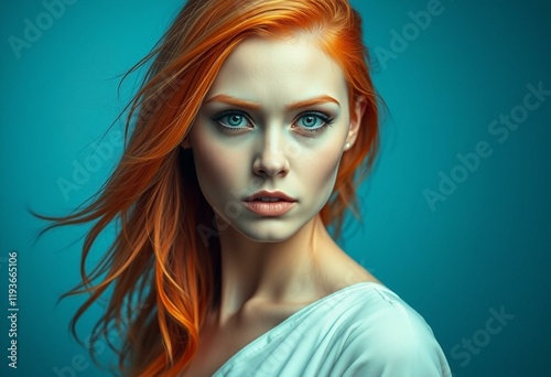 Female portrait with orange hair and mysterious gaze photo