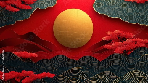 Vibrant paper-cut landscape featuring a golden sun, red clouds, and stylized waves with trees