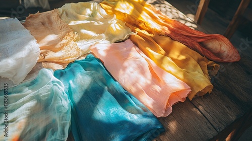 Wallpaper Mural A vibrant array of colorful silk fabrics in shades of blue, yellow, and orange, beautifully arranged on a wooden surface. Torontodigital.ca