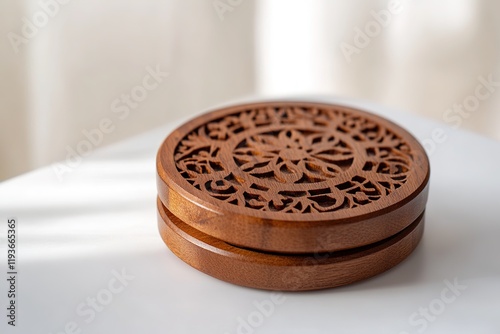 polished studio composition of small stack of hand-carved wooden coasters with traditional balinese patterns resting