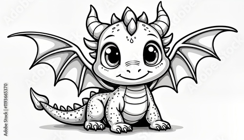 Fototapeta Cute baby dragon coloring page illustration. Cartoon dragon with big eyes, horns sits with wings spread. Friendly, happy expression. Suitable for kids. Printable, colorful. Fantasy creature. Line art
