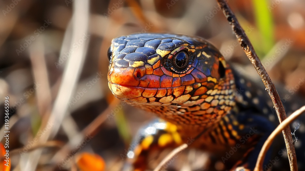 A close-up of a vibrant, multicolored lizard peeking through the grass, showcasing intricate patterns and textures. A close-up of a vibrant, multicolored lizard peeking through the grass, showcasing intricate patterns and textures.