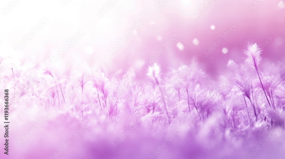 Obraz premium Delicate purple flowers field, soft focus, sunrise, dreamy background