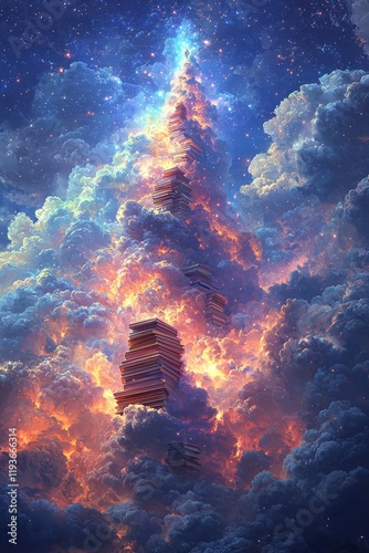 A mesmerizing staircase of books reaching toward the sky, narrating stories of bravery, stirring thoughts on Memorial Day