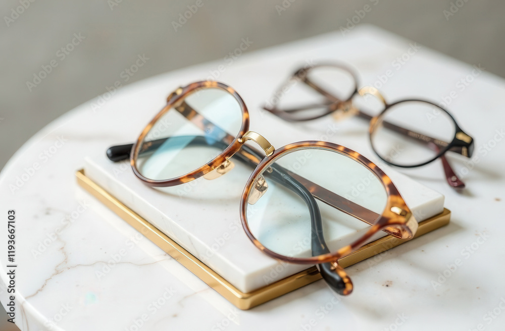 Glasses on a white marble table on a white background. Product photo of glasses on a marble surface.