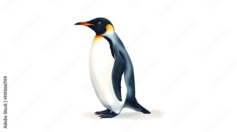 Obraz premium A vibrant, architectural color photograph of a King Penguin standing on a white background. The penguin features a black head, black beak with an orange tip, yellow and orange neck stripe, black flipp