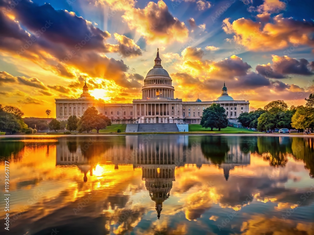 Fototapeta premium Panoramic Sunset View of Capitol Building with Water Reflection - Washington DC Landmark