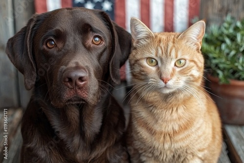 Memorial day on July 4, Labor day party eventA dog and a cat sitting in front of an American flag photo