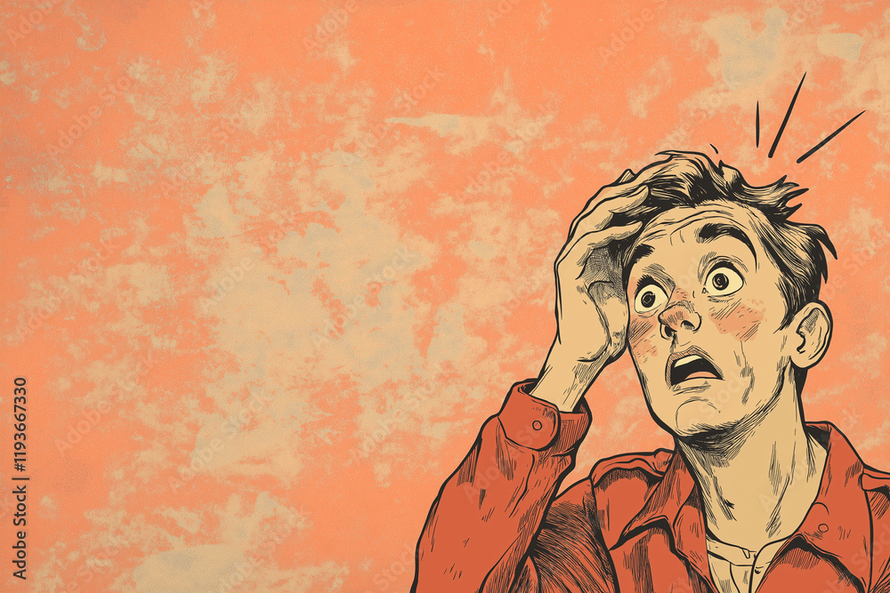 Fototapeta premium Shocked Man Grasps His Head in Disbelief