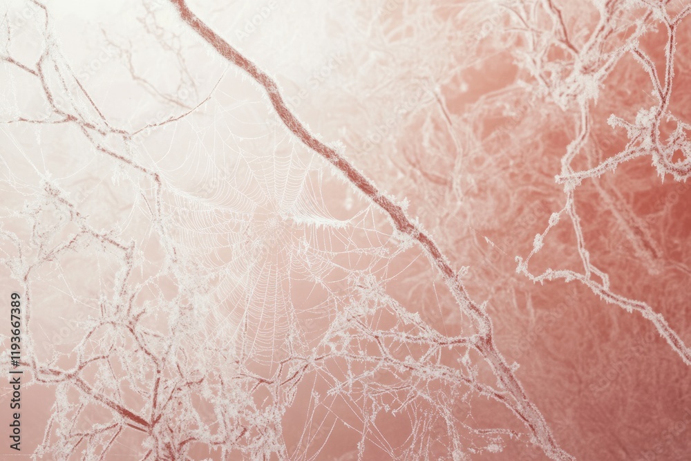 Fototapeta premium Frost-covered branches and spiderwebs create a delicate, wintery scene.