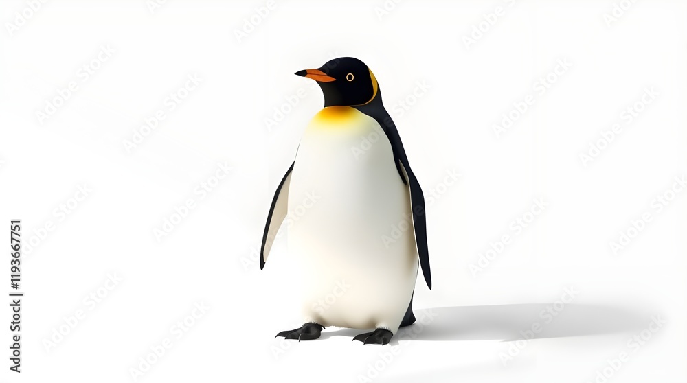 Fototapeta premium A vibrant, architectural color photograph of a King Penguin standing on a white background. The penguin features a black head, black beak with an orange tip, yellow and orange neck stripe, black flipp