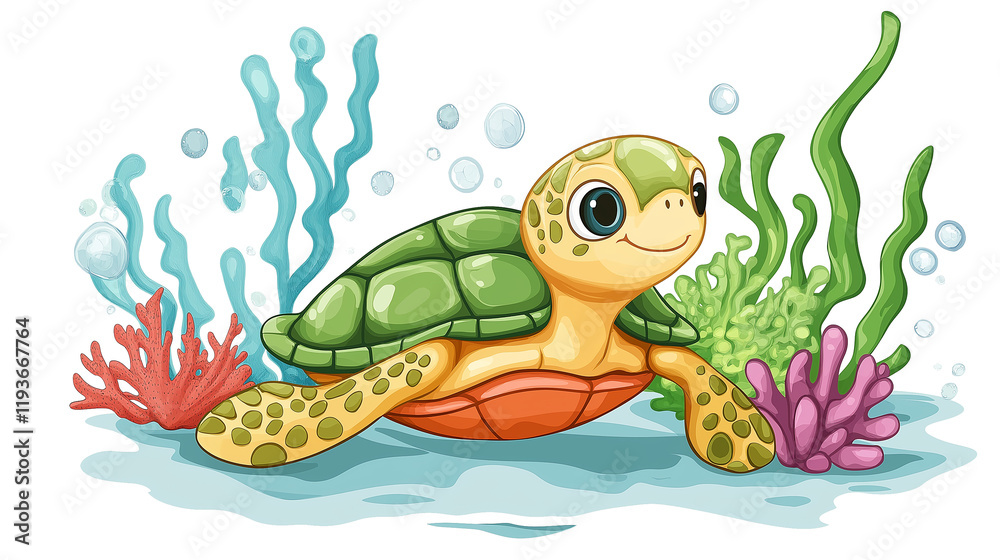 Obraz premium Watercolor png clipart Happy Cartoon Turtle Swimming in the Ocean on a white background