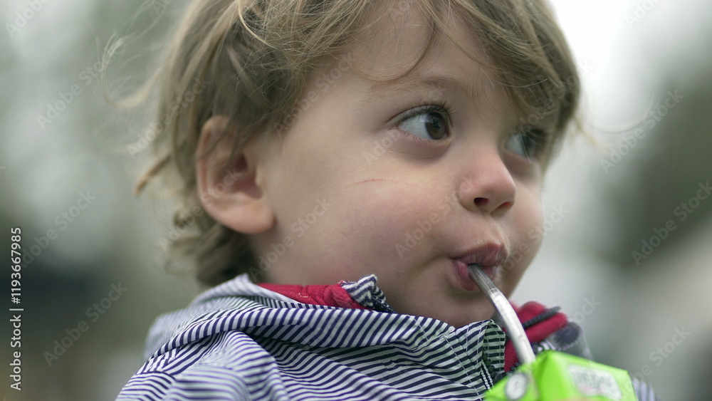 Child drinking juice with straw, little boyd drink snack Child drinking juice with straw, little boyd drink snack