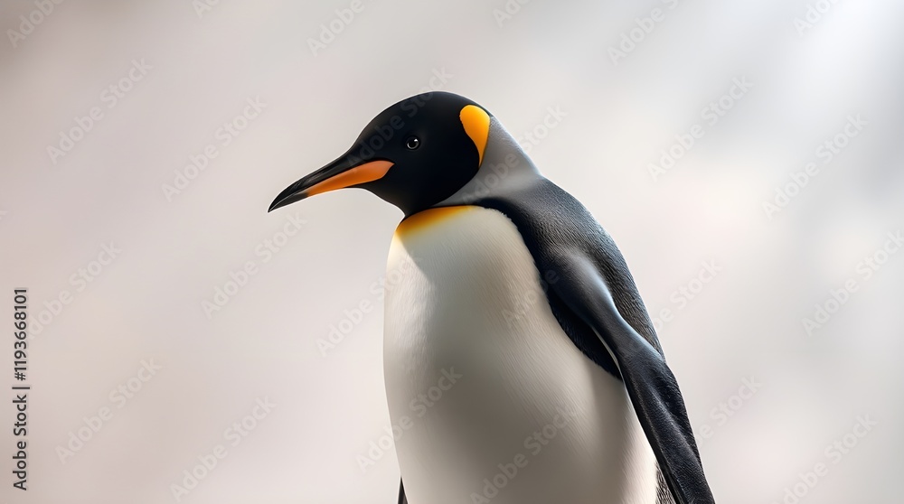 Naklejka premium A bold acrylic painting of a King Penguin standing on a white background in a soft dreamy atmosphere. Vibrant colors and textured brushstrokes create a hazy, soft light. The penguin features a black h