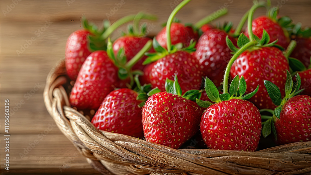 Macro image of Strawberries and Green Stalks in a Basket, Isolated Fruit Display on a Wooden Table. Macro image of Strawberries and Green Stalks in a Basket, Isolated Fruit Display on a Wooden Table.