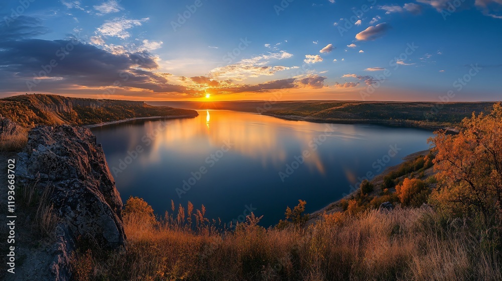 Obraz premium Sunset over Calm Lake in Forest Landscape