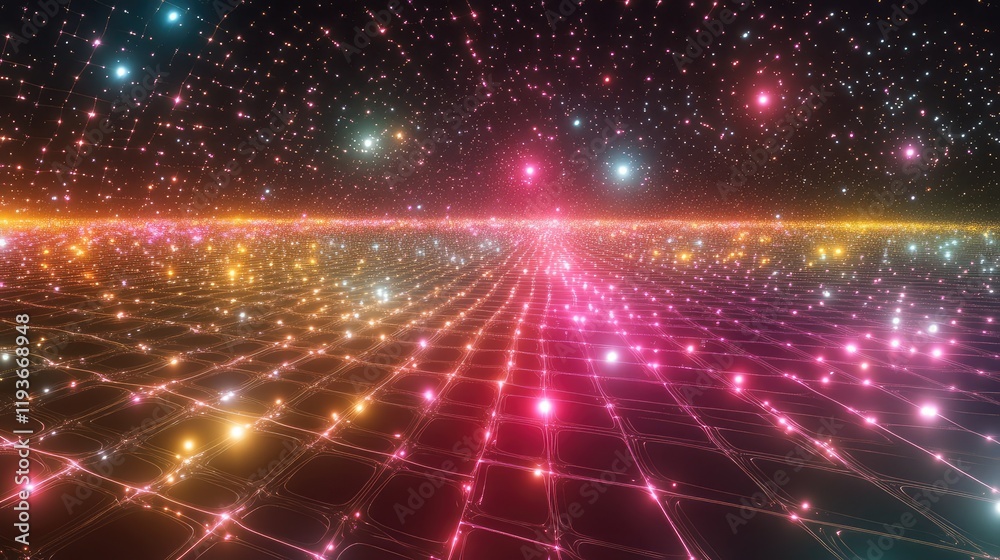 Quantum data processing visualization with particles transferring through a grid of light, showcasing superposition Quantum data processing visualization with particles transferring through a grid of light, showcasing superposition