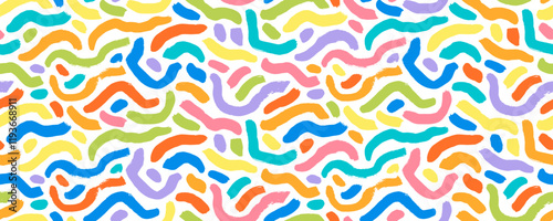 Fun colorful line doodle seamless pattern. Brush drawn bold squiggle lines and dots seamless banner background. Simple party confetti texture, childish scribbles. Childish curved and wavy stripes.