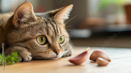 Cat curiously observing garlic cloves on a table highlighting garlic toxicity to cats
