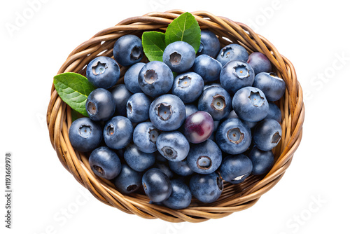 Wallpaper Mural Fresh Blueberries in Wicker Basket - Close-up of fresh blueberries in a wicker basket with green mint leaves, isolated on white background, showcasing natural freshness.
 Torontodigital.ca