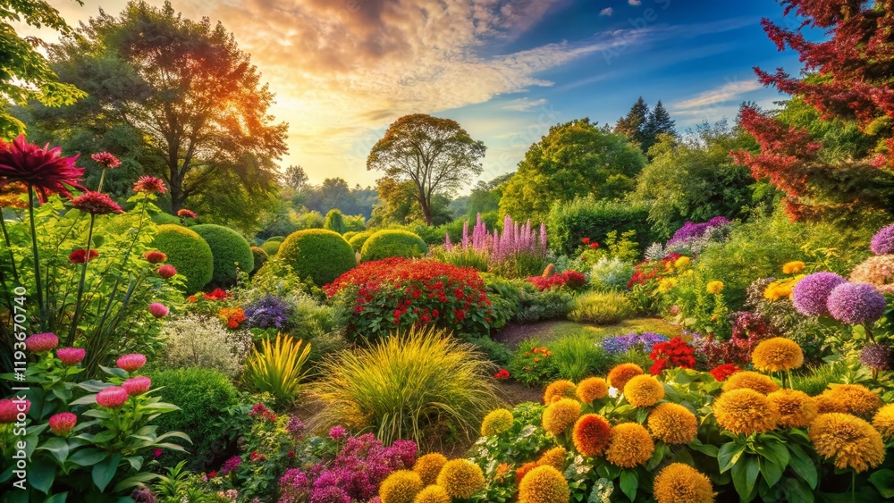 Naklejka premium Panoramic View of Lush Green Plants and Flowers in a Vibrant Garden