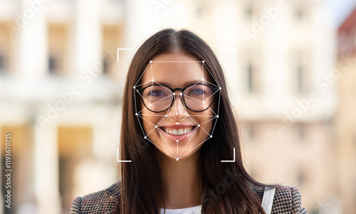 A woman with glasses smiles at the camera while facial identification technology highlights her features. The background shows a blurred urban setting filled with soft colors.