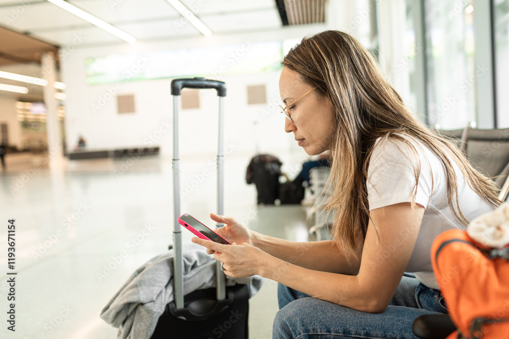 Female passenger using smart phone waiting at airport for her flight with her luggage Female passenger using smart phone waiting at airport for her flight with her luggage