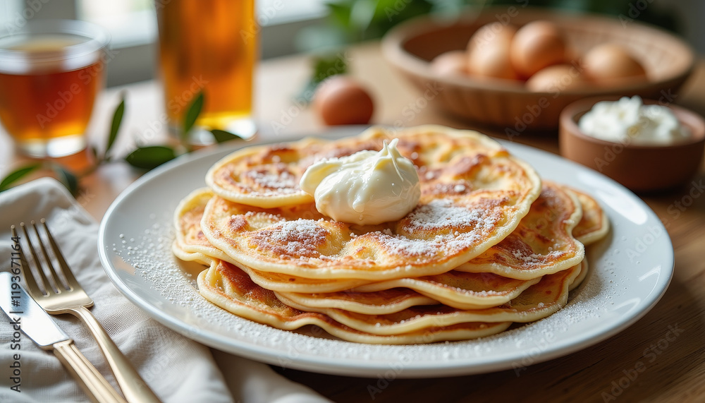 Delicious Russian blini served with jam and cream, festive dining setting Delicious Russian blini served with jam and cream, festive dining setting
