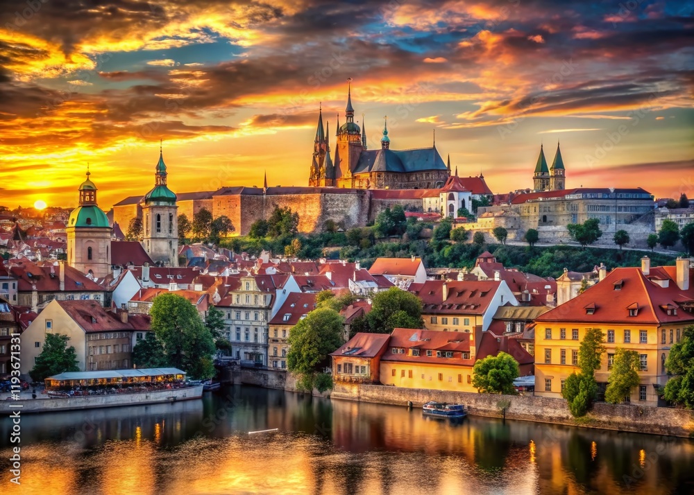 Fototapeta premium Panoramic View of Prague Castle and Charles Bridge at Sunset