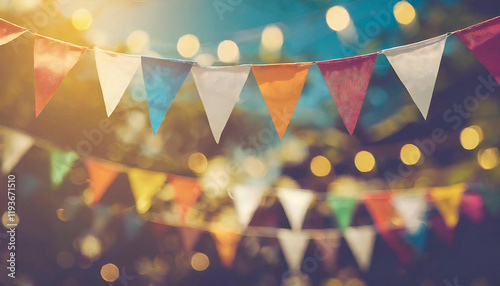 Outdoor party with bokeh effect.Colorful triangular flags on blur background in vintage tone. photo