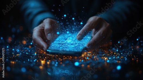 Hands interacting with a glowing smartphone, surrounded by a digital landscape of vibrant particles