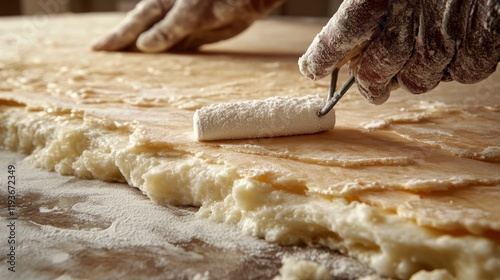 Hands rolling out dough on a wooden surface, with flour scattered and a rustic kitchen ambiance