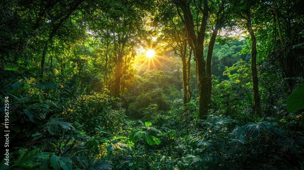 Obraz premium Sun rays through lush green rainforest canopy.