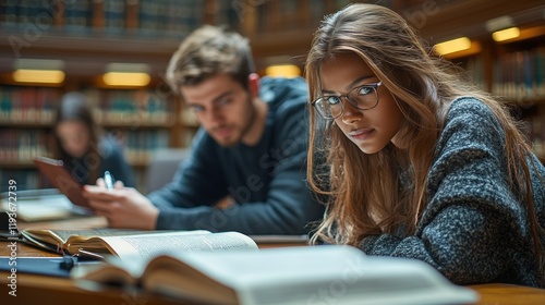 Focused student studying in a library, surrounded by books, with peers engaged in research