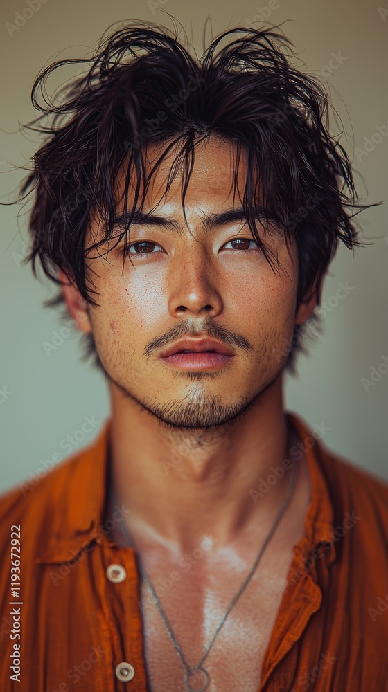 Close-up of a confident young man with tousled hair, wearing a casual orange shirt, expressing self-assuredness and style. Close-up of a confident young man with tousled hair, wearing a casual orange shirt, expressing self-assuredness and style.