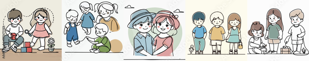 Vector collection of small children with continuous line style Vector collection of small children with continuous line style