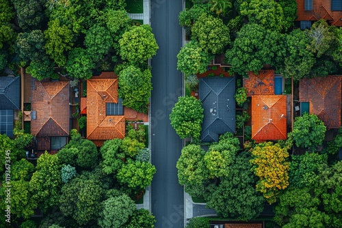 Top-down aerial shot of houses in Preston, a suburb of Melbourne, Victoria, on a warm summer day