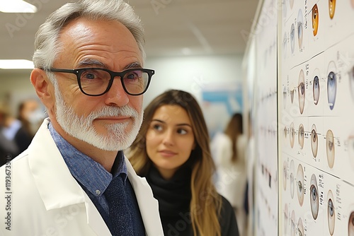 Experienced ophthalmologist consulting with patient, reviewing eye chart during examination